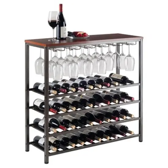 Michelle Wine Rack with Glass Hanger Metal/Antique Bronze/Teak - Winsome image {1}