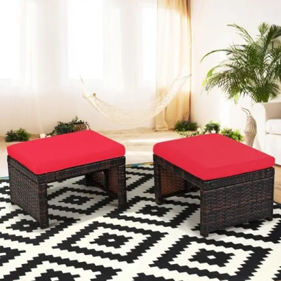 Costway 2PCS Patio Rattan Ottoman Cushioned Seat Foot Rest Furniture Turquoise\Red\White image {10}