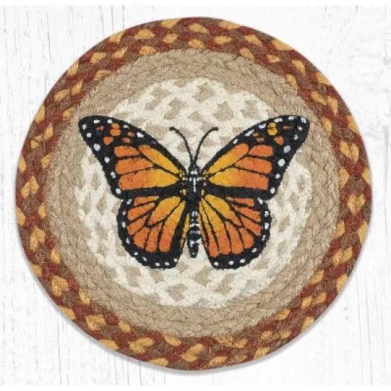Earth Rugs Round Trivet &ndash; 10"x10" Monarch Butterfly Printed Braided Jute Mat in Natural Botanical Garden Style image {3}