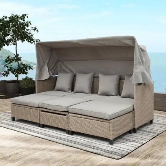 4pc Outdoor Adjustable Wicker Sectional Set with Canopy & Table - GODEER image {1}
