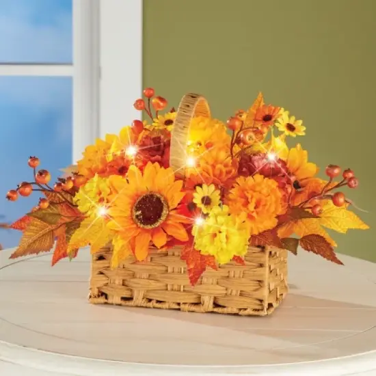 Collections Etc LED Lighted Autumn Floral Basket Centerpiece 16 X 9 X 10.5 image {1}