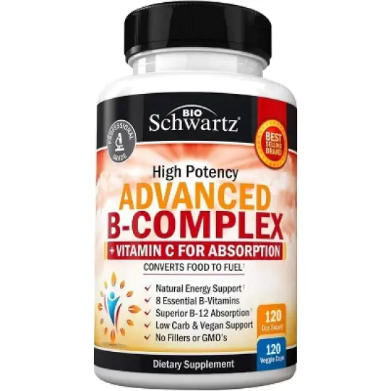 Advanced B-Complex Capsules, Vitamin B Supplement Capsules, Low Carb & Vegan Diet Support, Bioschwartz, 60 or 120ct image {6}