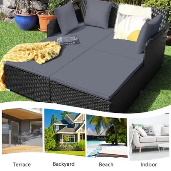 Costway Outdoor Patio Rattan Daybed Pillows Cushioned Sofa Furniture image {4}