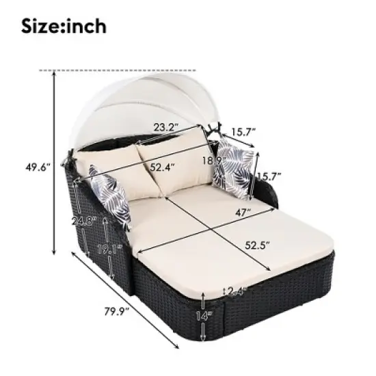 Whisen Outdoor Sunbed with Adjustable Canopy, Double lounge, PE Rattan Daybed image {8}