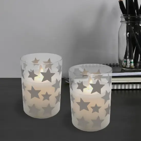 2ct Battery Operated Glass LED Candles with Moving Flame Silver Stars: Flameless Pillar, Winter Decor, Lumabase image {3}