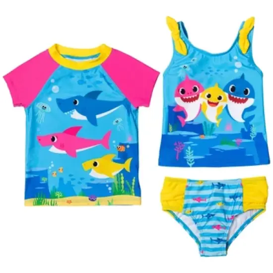 Pinkfong Baby Shark Baby Girls Rash Guard Tankini Top and Bikini Bottom 3 Piece Swimsuit Set Infant image {7}