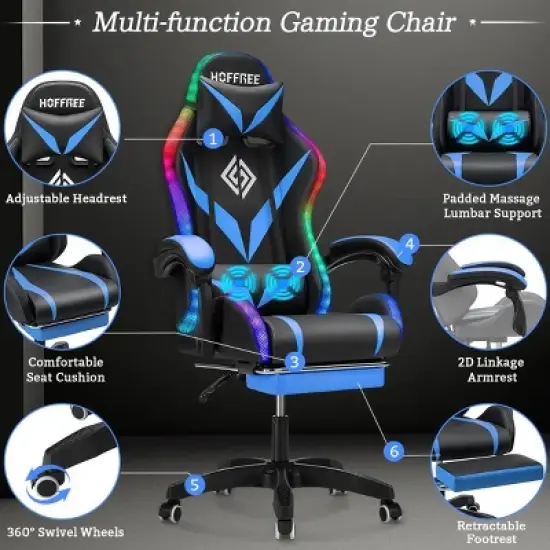 Hoffree Upholstered Massage Gaming Chair Smart Value Ergonomic Office PC Chair with Bluetooth Speaker & RGB Light image {2}