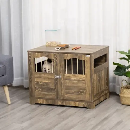 PawHut Wooden Dog Crate, End Table Furniture with Lockable Door, Small & Medium Size Pet Crate Indoor Puppy Cage, Brown image {2}