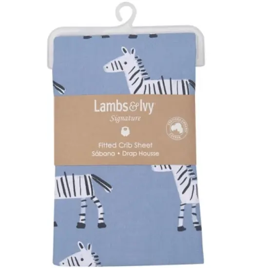 Lambs & Ivy Signature Zebra Blue Organic Cotton Breathable Fitted Crib Sheet image {2}