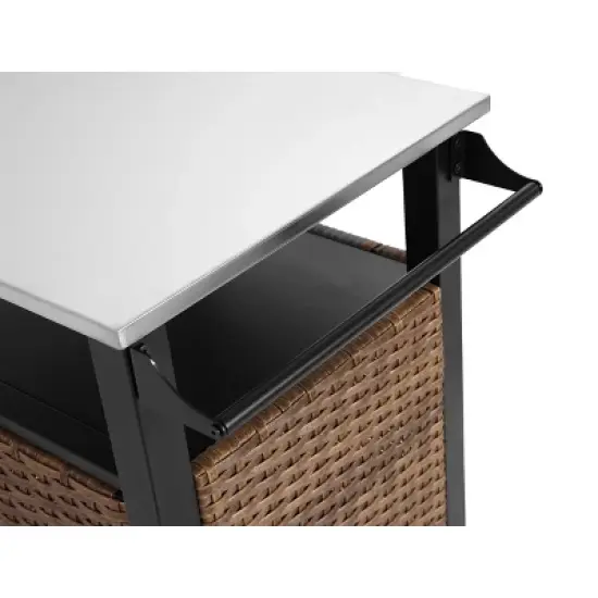 Outdoor Kitchen Wicker Island Rolling Cart & Storage Cabinet, Wheels and Stainless Steel Extended Table Top Brown image {6}
