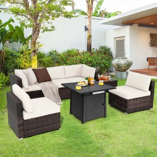 Costway 7 PCS Patio Furniture Set with 28" 50000 BTU Propane Gas Fire Pit Table Cushions Red/Turquoise/Off White image {3}