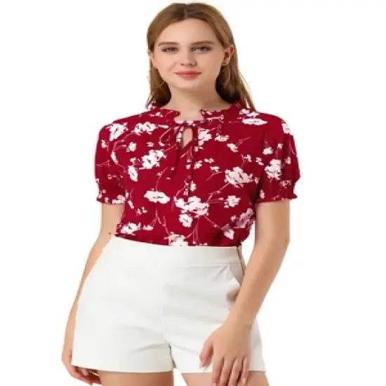 Allegra K Women's Ruffle Tie V Neck Casual Smocked Short Sleeve Floral Top Blouse image {7}