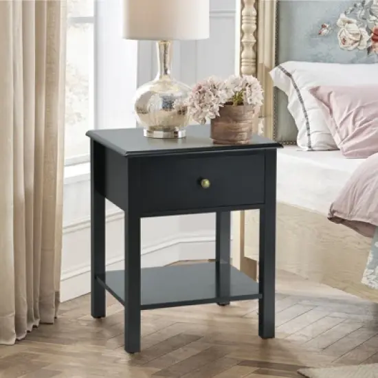 Tangkula End Table Nightstand w/Drawer & Shelf Bedroom Living Room Furniture Black image {1}