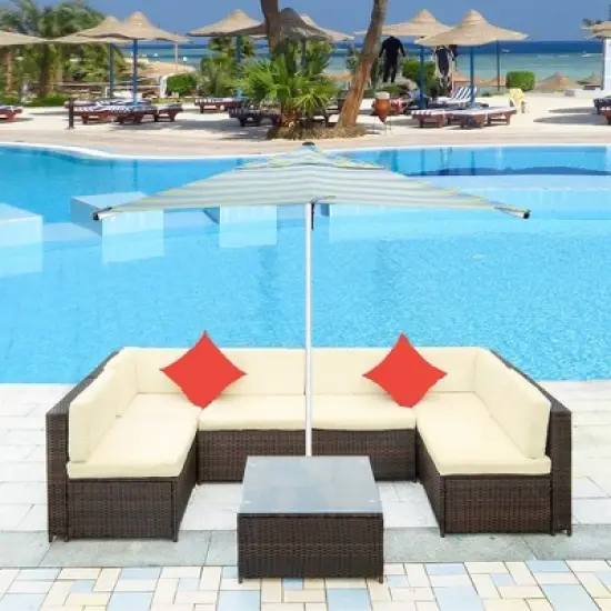 7pc Wicker Patio Sofa Set with Cushions - Brown/Beige - GODEER image {3}