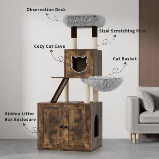 59 Inch Cat Tree, 2-in-1 Cat Tower Multi-Level Durable Cat Scratching Sisal Post, Removable Washable Cushion, Multipurpose Litter Box Enclosure image {1}