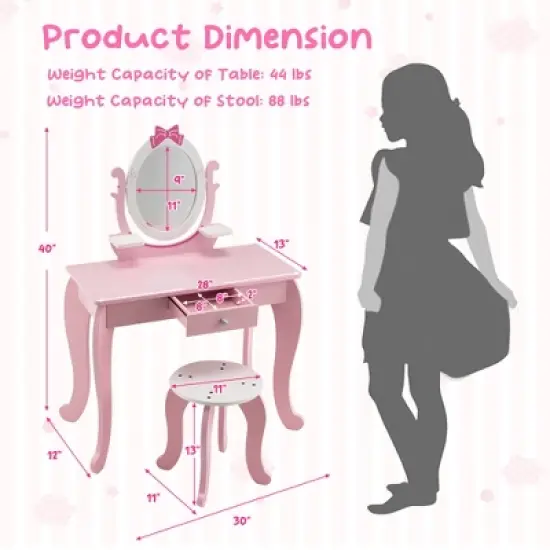 Costway Kid Vanity Table Stool Set with Adjustable Mirror Storage Drawer Makeup Pink image {3}