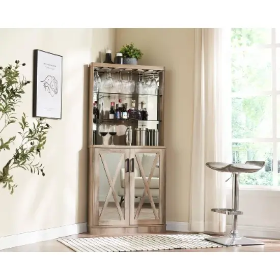 Home Source Grey Wash Corner Bar Cabinet with Mirrored Panels image {4}