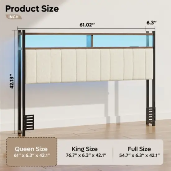 Pinmoco Full/Queen/King LED Headboard, Linen Upholstered Storage Headboard with Charging Station image {6}
