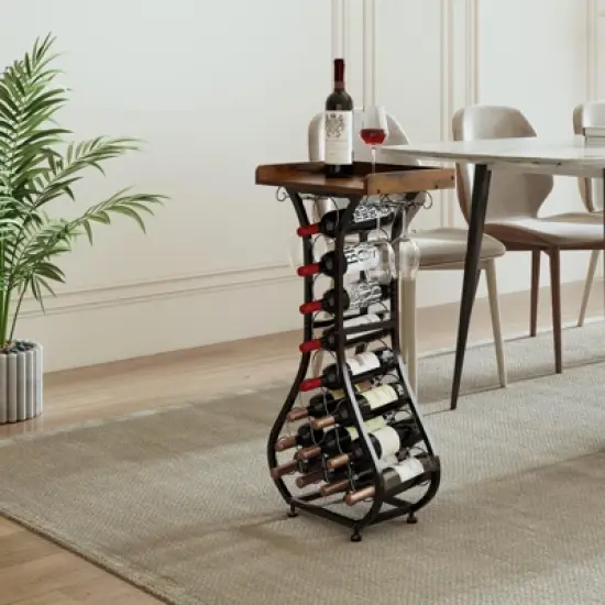 Itopfox Freestanding Wine Rack with Wood Tabletop & Glass Holder, Mini Bar Table for 14 Bottles, Space-Saving Floor Stand for Kitchen, Living Room image {8}