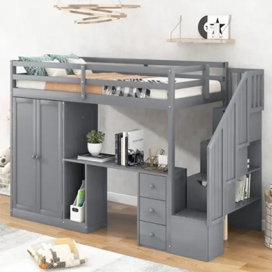 Twin Size Loft Bed with Wardrobe, Staircase, Desk and Storage Drawers - ModernLuxe image {2}
