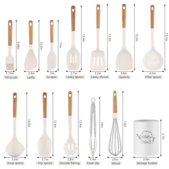 SUGIFT 13-Piece Silicone Kitchen Utensil Set with Wooden Handles &ndash; Heat-Resistant Cooking Tools with Storage Bucket image {4}