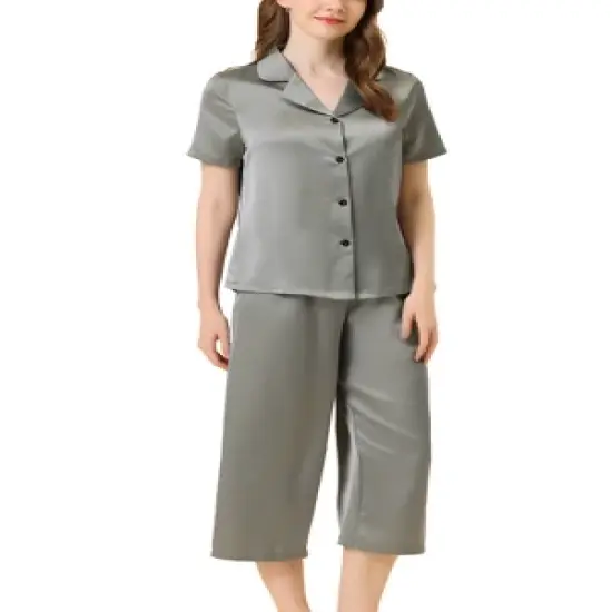 cheibear Womens Pajama Sleepwear Button Down with Capri Pants Satin Lounge Pjs Set image {11}