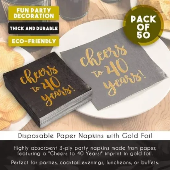 Blue Panda 50 Pack Cheers to 40 Years Cocktail Napkins for 40th Birthday, Anniversary Party Supplies, 3-Ply, Black and Gold Foil, 5 x 5 In image {8}