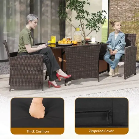 Costway 3 PCS Wicker Bistro Set Balcony Furniture Set with Tempered Glass Dining Table image {9}