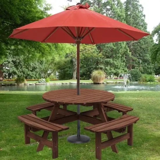 GDFStudio Laurel Outdoor 8-Person Wooden Round Picnic Table with 4 Built-in Benches and Umbrella Hole image {7}