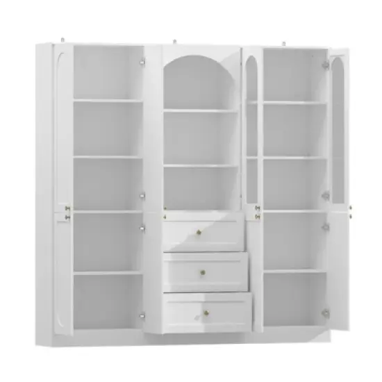 Famapy White Farmhouse Kitchen Pantry with Arch & Glass Doors,Large Capacity Kitchen Storage Hutch,Multi - Drawer Kitchen Organizer,Display Cabinet image {4}