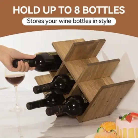 Itopfox 8-Bottle Countertop Wine Rack, Wooden 3-Tier Wine Bottle Holder for Bar Table, Wine Cabinet, Free Standing Display and Storage Shelves Brown image {6}