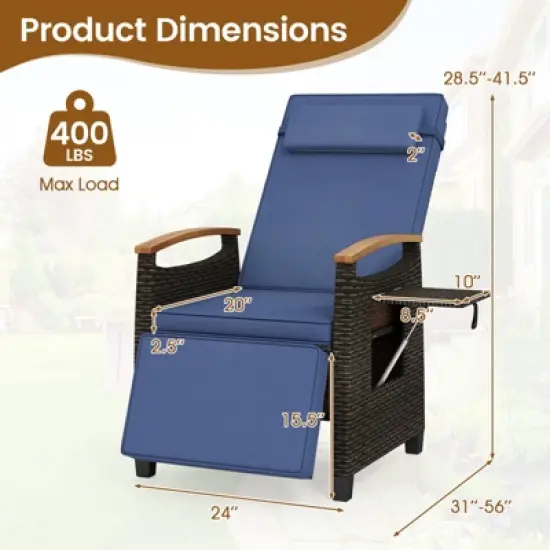 Tangkula Patio Rattan Lounge Chair PE Wicker Recliner Chair w/ Adjustable Backrest & Footrest image {8}