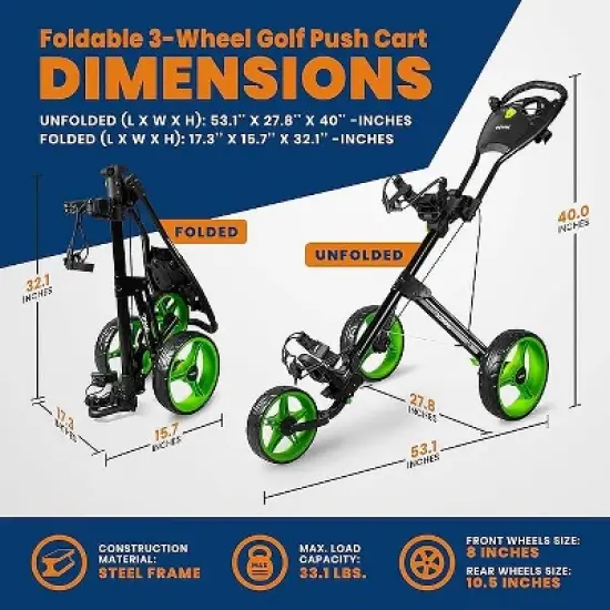 Jovial 3-Wheel Junior Pull Cart - Foldable Golf Cart with Deluxe Scorecard Holder, Ergonomic Handle, and Easy Fold Design - JOVGFP9 image {1}