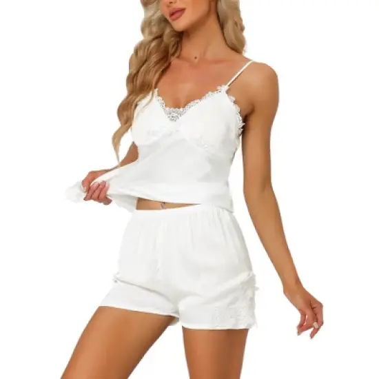 cheibear Womens Satin Lounge Lace Trim Cami Tops with Shorts Sleepwear Pajamas Sets image {8}