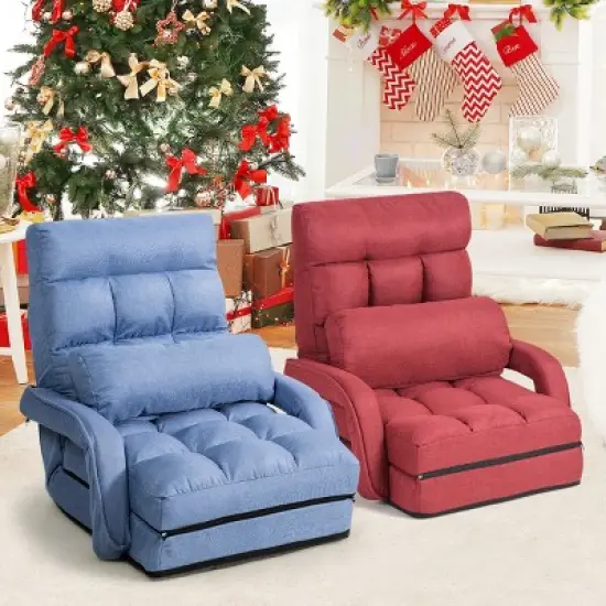Costway Folding Floor Armchair w/6-position Adjustable Back & Lumbar Pillow Blue image {1}