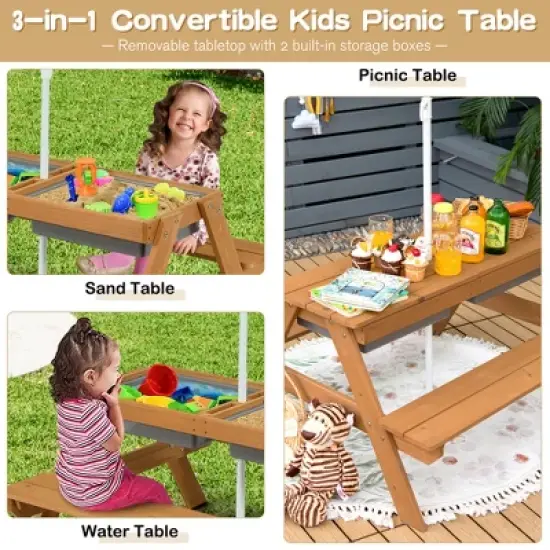 Babyjoy 3-in-1 Kids Picnic Table Outdoor Water Sand Table w/ Umbrella Play Boxes image {4}