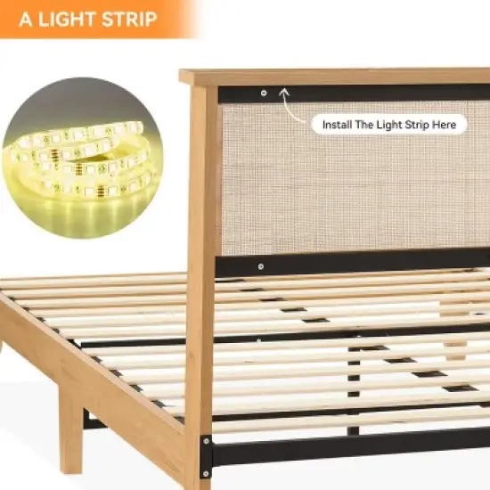Rattan Bed Frame with Natural Rattan Headboard, Queen Bed Frame with LED Lights, Rattan Queen Bed Frame with Headboard image {4}