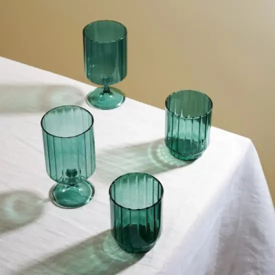 Twine Malachite Stemmed Optic Goblet Tumblers, Vintage Ribbed Drinking Glasses for Cocktails, Wine, Juice, Iced Coffee, 12 oz, Set of 2, Green image {4}