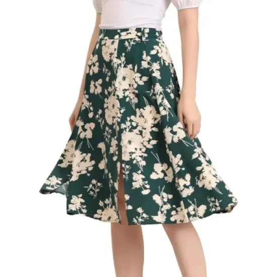 Allegra K Women's High Elastic Waist Belted Slit A-Line Midi Floral Print Skirt image {7}