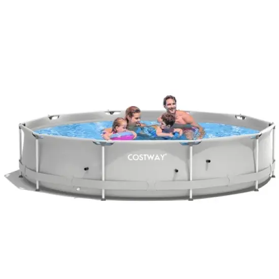 Costway Round Above Ground Swimming Pool Patio Frame Pool W/ Pool Cover Iron Frame image {8}