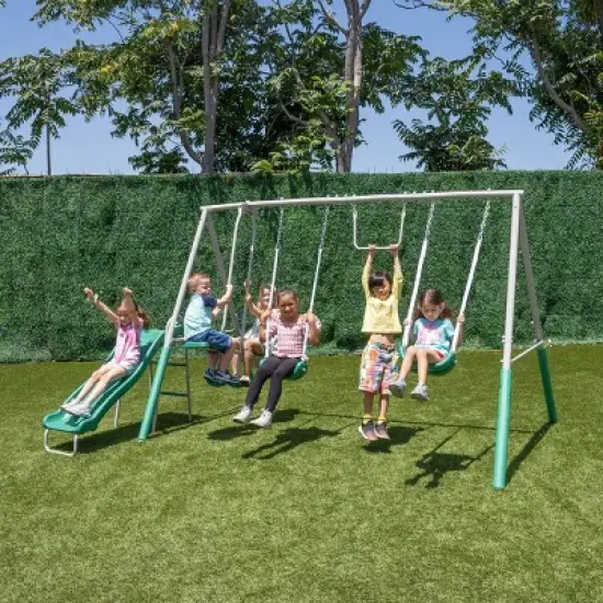 The Swing Company Yonkers Metal Swing Set with Glide Ride Trapeze Bar and 5' Slide image {2}