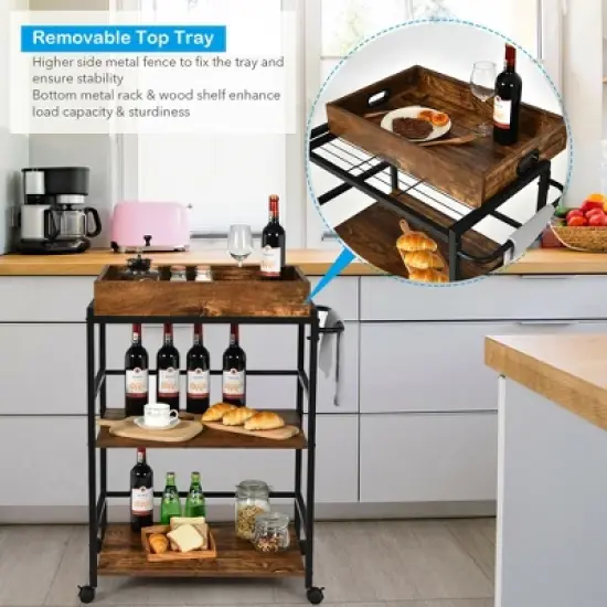 Costway 3-Tier Rolling Bar Cart Kitchen Serving Cart w/ Removable Tray & Handle image {6}