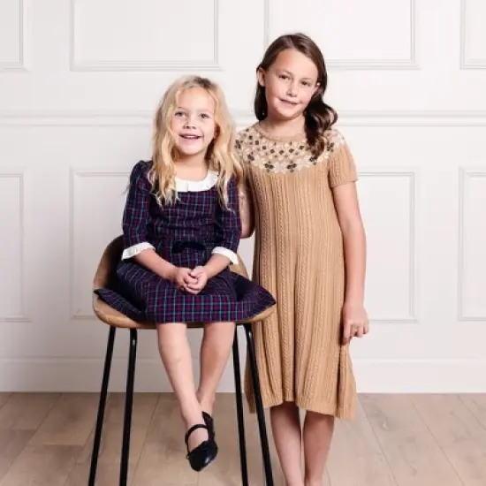 Hope & Henry Girls' Short Sleeve Fair Isle Cable Sweater Dress, Toddler image {6}