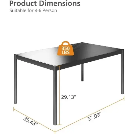 Nasitip 58" Outdoor Aluminum Dining Table for 6, Rectangle Patio Table with Non-Slip Top, Weatherproof, Black image {1}