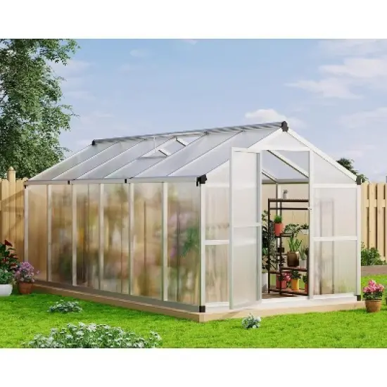 Walk-in Polycarbonate Greenhouse with Adjustable Roof Vent & Lockable Door - Sturdy Aluminum Frame for Outdoor Garden Protection image {9}