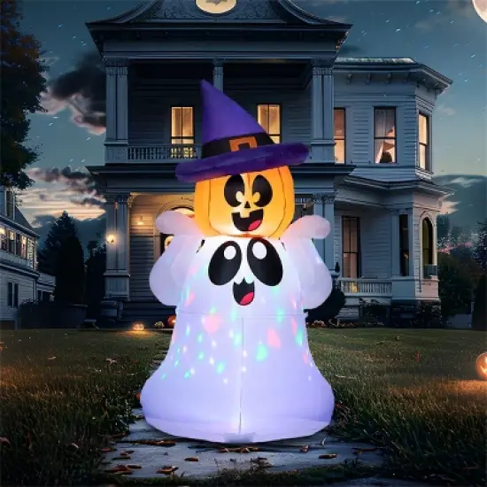 Joyfy 5 FT Halloween Inflatable Outdoor Decoration, Inflatable Playful Ghost with Pumpkin Witch Hat for Halloween Outdoor Yard Graden Lawn Decoration image {10}