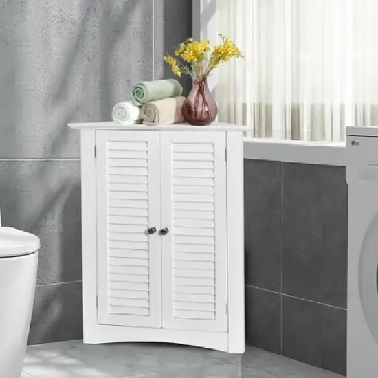 Costway Corner Storage Cabinet Freestanding Floor Cabinet Bathroom w/ Shutter Door White image {2}