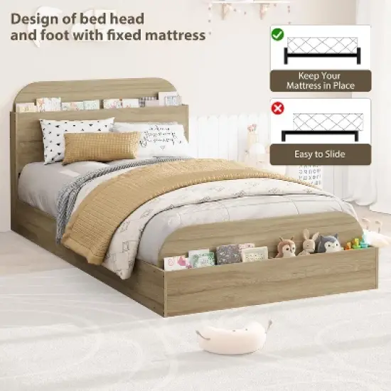 Twin Size Wood Bed Frame with Storage Headboard and Raised-Foodboard for Kid, Twin-Floor Low Platform Bed for Bedroom, No Box Spring Needed image {6}