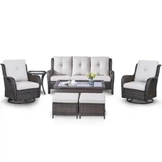 7 Piece Patio Furniture Set with Swivel Chairs, Rattan Wicker Outdoor Conversation Set with Patio Couch Swivel Chair Coffee Table End Table Ottoman image {2}