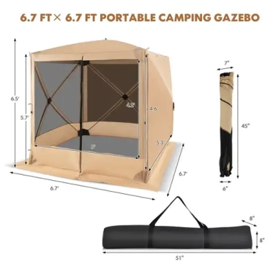 Costway 6.7 FT x 6.7 FT 4-Panel Pop up Camping Gazebo Quick-Set with 2 Sunshade Cloths Coffee/Green image {2}